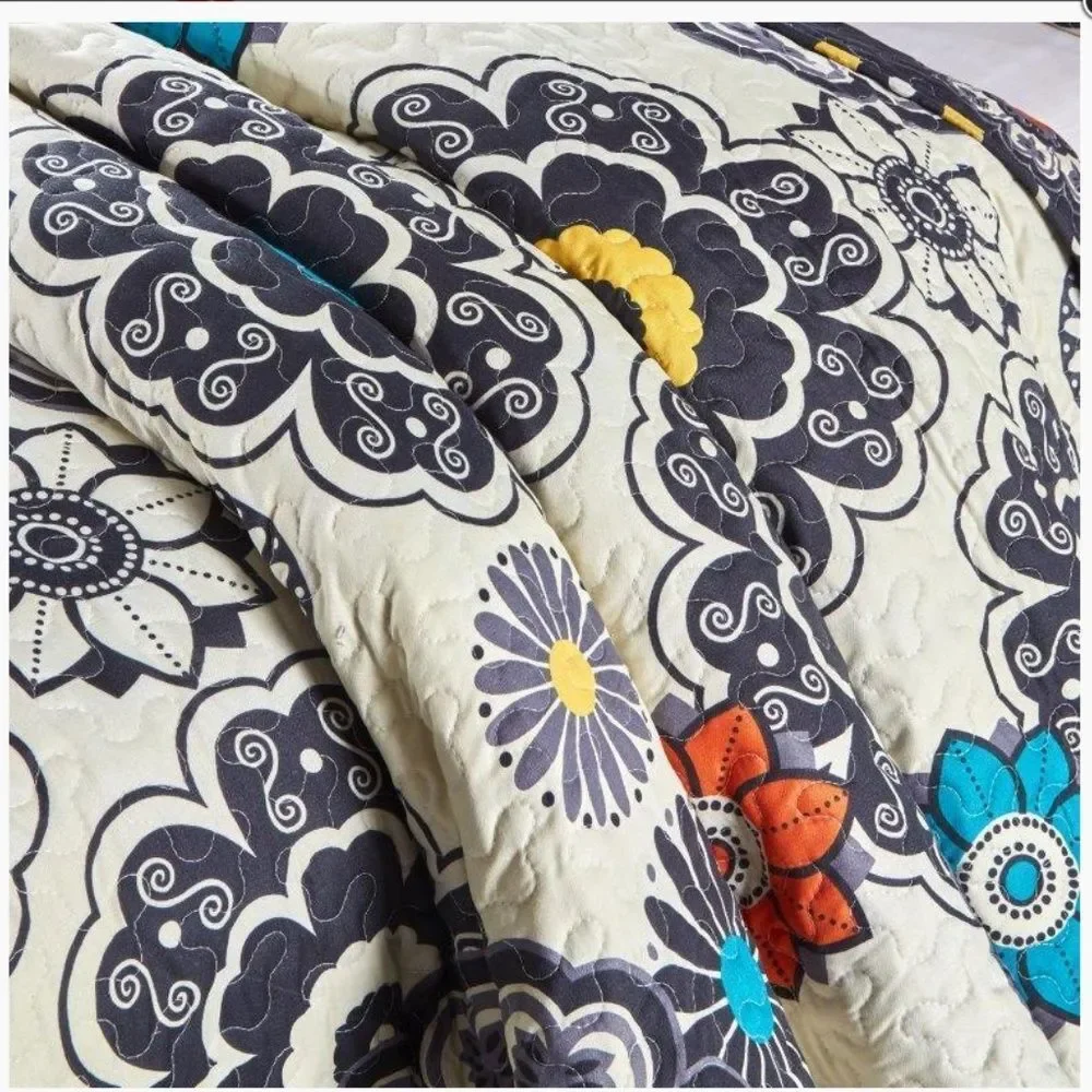 Boho Mandala Pattern Printed Queen Size Quilt Set Farmhouse Floral Cottage